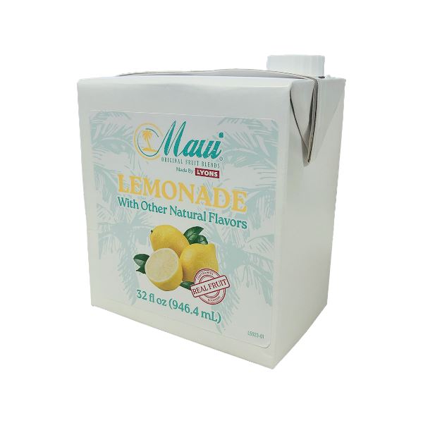 grey box with a lemon and label which reads 'maui lemondae and other natural flavors' on a white background 